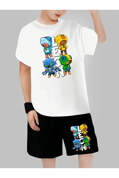 AEMİ Children's Brawl Stars Leon Printed Shorts T-Shirt Bottom Top Set 100% Cotton