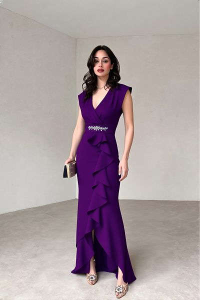ALFUDO Moda Collection Women's Scuba Crepe Fabric Double Breasted Collar Skirt Flounced Evening Dress Graduation Wedding Dress