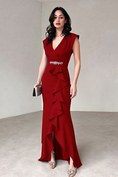 ALFUDO Moda Collection Women's Scuba Crepe Fabric Double Breasted Collar Skirt Flounced Evening Dress Graduation Wedding Dress