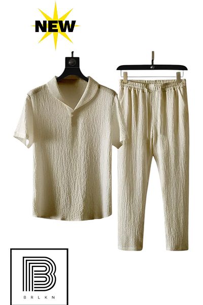 BRLKN Boyfriend Fit Seersucker Fabric Alacati Style Unisex Bürümcük T-Shirt Tracksuit Set