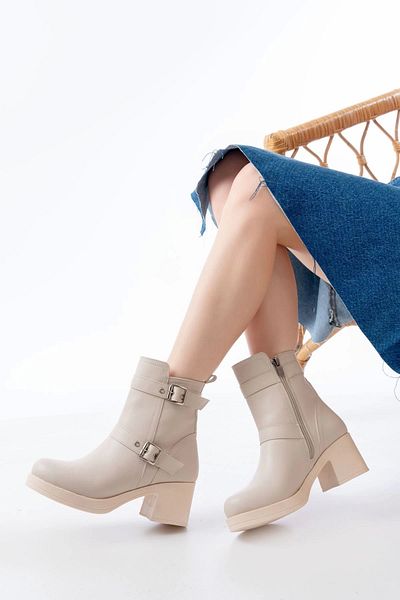 TB Terzi Bey 5109-3027 Beige Heeled Zippered Daily Women's Boots