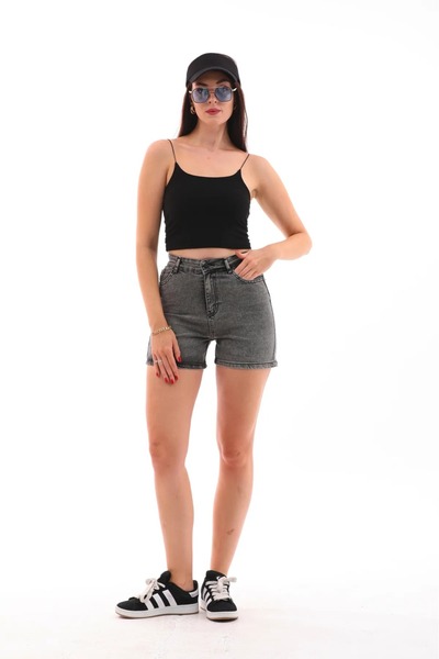 TugsatTasarTekstil Dámské šortky z kouřeného džínového denimu s dvojitým lemem a lycrou pro podporu tvaru