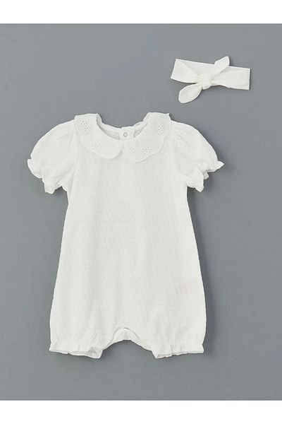 LC Waikiki Lcw Baby Ecru Embroidered Baby Girl Rompers and Headband 2 Pcs
