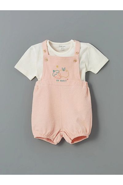 LC Waikiki Lcw Baby Pink Organic Fabric Baby Girl Salopet and T-Shirt 2-Pack