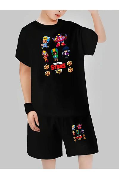 AEMİ Children's Brawl Stars Printed Shorts T-Shirt Bottom Top Set 100% Cotton