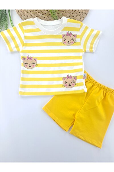Butik Kız Çocuk Şort Tişort İkili Takım Kedi Basklılı İki Renk Seçeneği İle K...