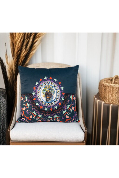 ASDİVA غطاء وسادة مزخرف بنمط ميلانو-عرقي على الوجهين باللون الأزرق الداكن مقا...