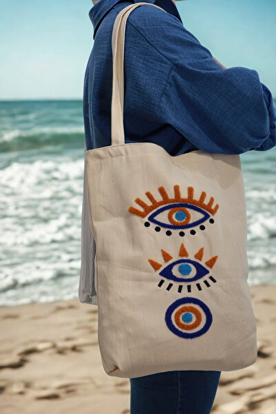 e-Bizz Store Punch Nakışlı 1 Adet Omuz Çantası & Plaj Çantası & Bez Çanta