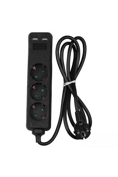 OEM Extension cord 3 sockets + 2x USB 1.5m 3G1.5mm2 black V-TAC SKU-8776