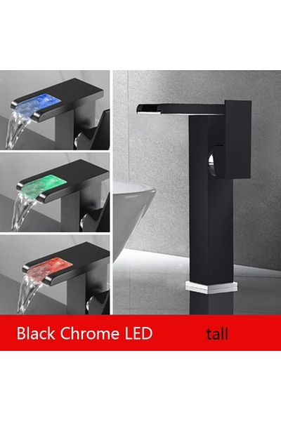 Blackswan Design Bathroom sink faucet, Blackswan, Type M187, tall black model with waterfall spout and LED, 24 cm