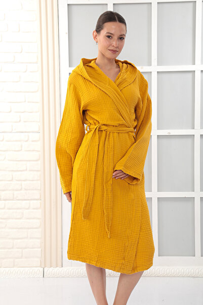 Almir Home Hooded 4 Layer Muslin Bathrobe Unisex - Mustard Color