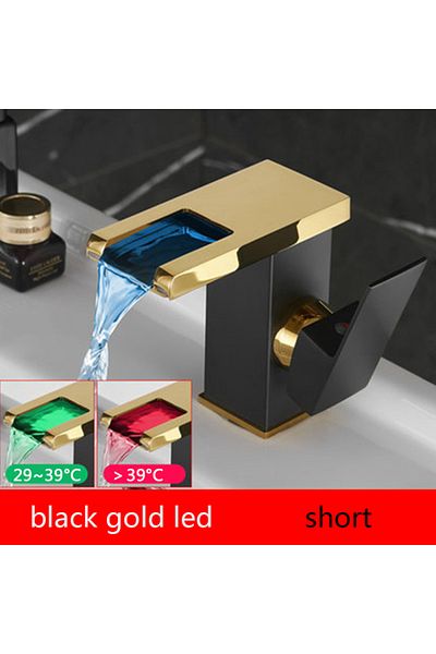 Blackswan Design Bathroom sink faucet, Blackswan, Type M194, black/gold short with waterfall spout and LED, 12.5 cm