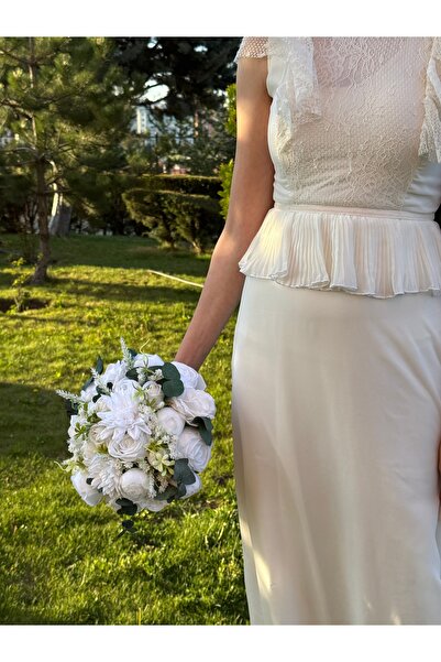FilizKonuk Gelin Buketi Nişan Çiçeği Nikah El Çiçeği Beyaz Yapay Karışık Çiçe...