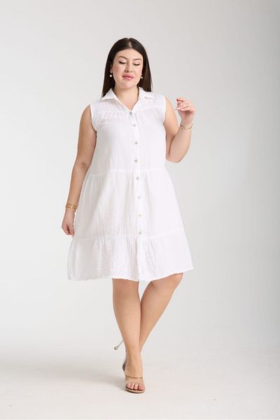 Dejabrew Jeans White Muslin Sleeveless Shirt Dress Plus Size A071-1