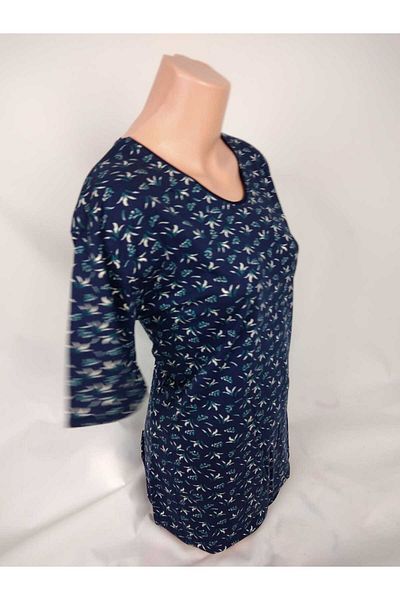 YAŞAR TRİKO Women's Navy Blue U Neck Short Sleeve Patterned Slit Woven Viscose Mother Combed Cotton T-Shirt