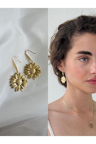 Retrobird Design Sunflower Brass Retro Model Earrings Women Yellow