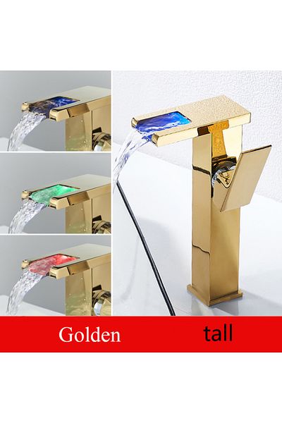 Blackswan Design Bathroom sink faucet, Blackswan, Type M193, tall gold model with waterfall spout and LED, 24 cm