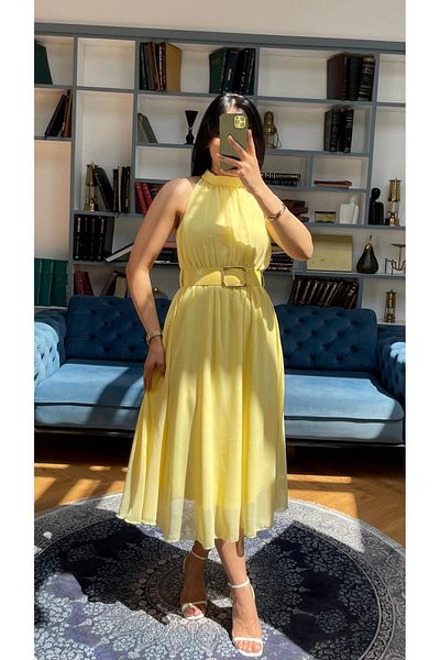 NIDAFASHION Halter Neck Belt Lined Chiffon Dress