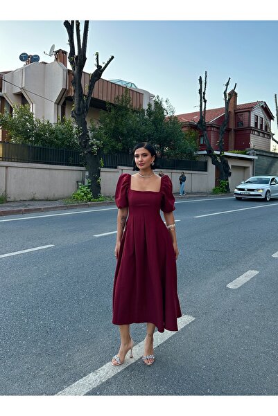 SONREİR Kısa Balon Kol Kare Yaka Pileli Uzun Elbise