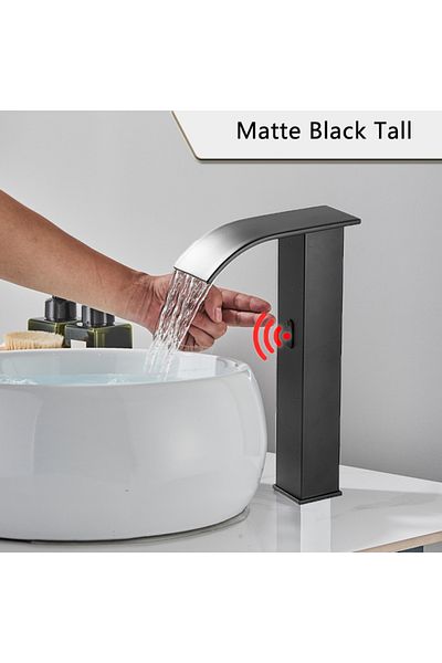 Blackswan Design Bathroom sink faucet, Blackswan, Type M184, tall black with waterfall spout and sensor, 31 cm