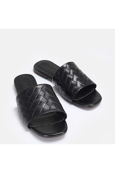 37Numara Large Size Women's Slippers Genuine Leather 41-42-43-44-Black Leather