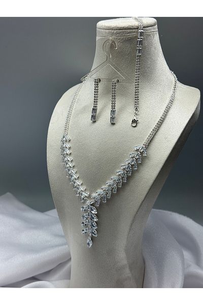 HADRA ACCESSORİES Leaf Model Zircon Waterway Evening Dress Necklace Earrings Bracelet Set Bridal Jewelry Set Engagement Set Wedding Set