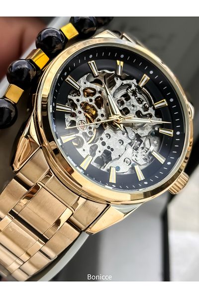 FERRO Men's Wristwatch, Automatic (Without Battery), Yellow Color, Steel Band, Stylish Bracelet in Box Gift