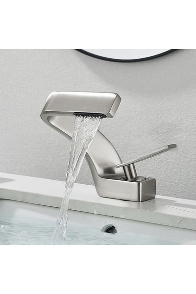 Blackswan Design Bathroom sink faucet, Blackswan, Type M205, nickel model with waterfall spout, 15 cm