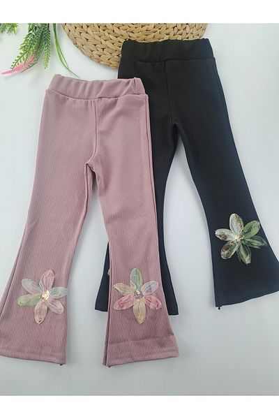 Butik Girl's Leggings Trousers Spanish Leg Floral (Two Pieces Black and Purple)