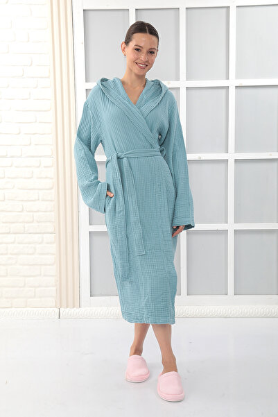 Almir Home روب حمام موسلين بغطاء للرأس 4 طبقات للجنسين - لون بترولي