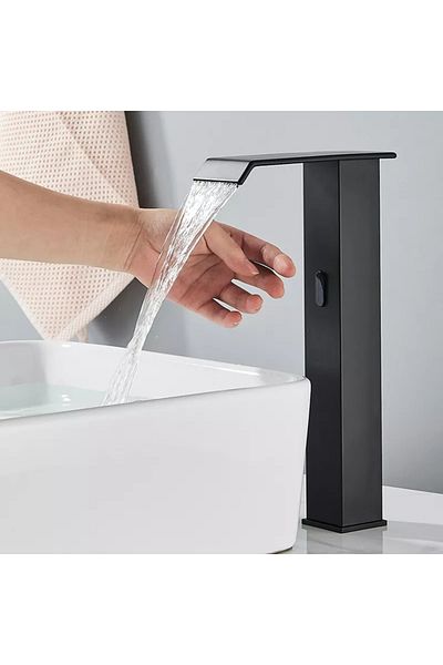 Blackswan Design Bathroom sink faucet, Blackswan, Type M182, black model with waterfall spout and sensor, 32 cm