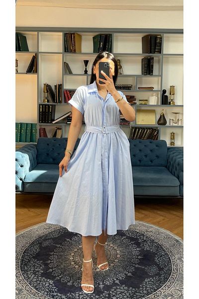 NIDAFASHION Short Sleeve Half Lined Belt Shirt Collar Full Button Slim Linen Dress