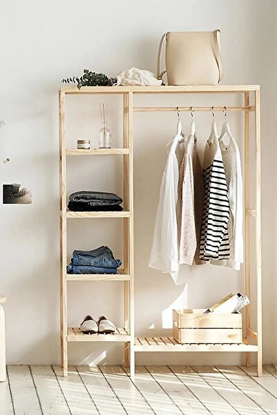 Tree World Ahşap Ayaklı Askılı Raflı Çok Amaçlı Elbise Dolabı