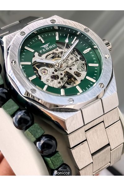 FERRO Men's Wrist Watch, Automatic (Without Battery), Silver Green Color, Steel Band, Stylish Bracelet in Box Gift