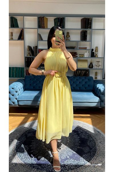 NIDAFASHION Halter Neck Belt Lined Chiffon Dress