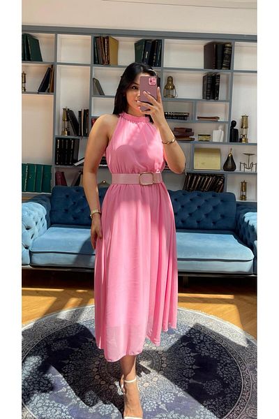 NIDAFASHION Halter Neck Belt Lined Chiffon Dress