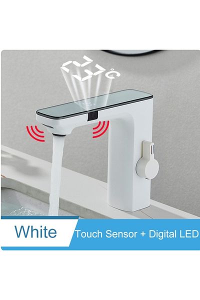 Blackswan Design Bathroom sink faucet, Blackswan, Type M225, white model, with LCD display and sensor, 18 cm
