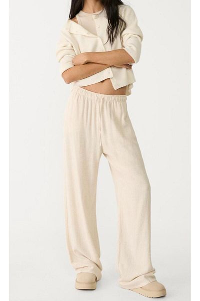 polle Women's Stone Linen Blended Loose Fitting Trousers