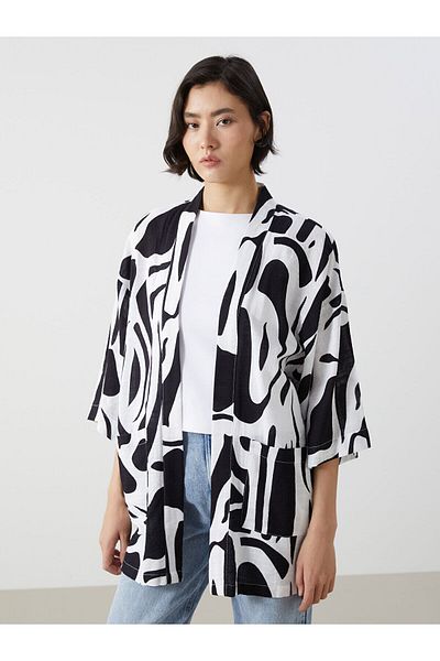 LC Waikiki Shawl Collar Patterned Linen Look Women's Kimono