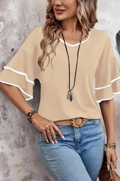 Mossta Μπλούζα από βισκόζη με λεπτομέρεια με κοντό μανίκι σε σχήμα V - Μπεζ