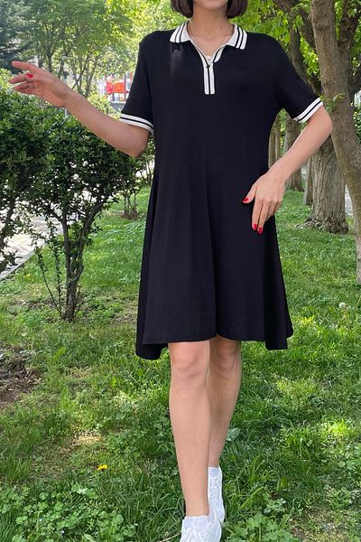 AYASOFYA OTANTIK Women's Black Shirt Collar Combed Cotton Short Sleeve Midi Dress