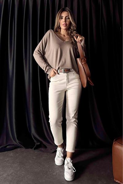 SANTA BELLA Asian Xtc Beige Cream Mom Jean Women Boyfriend High Waist Lycra Jeans