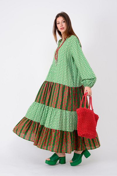 ZTO Women's Ethnic Pattern Casual Cut Elastic Sleeve Dress