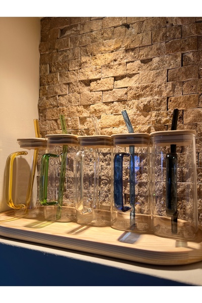 daısydecoratıon Renkli Kahve Bardağı Cam Pipetli Hediyeli Tahta Kare Kapaklı Kahve Bardağı