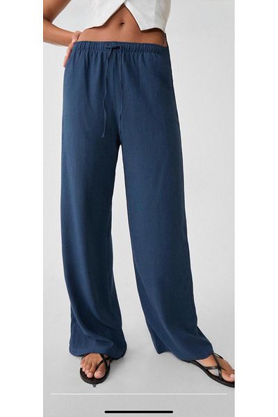 polle Women's Navy Blue Linen Blended Loose Fitting Trousers