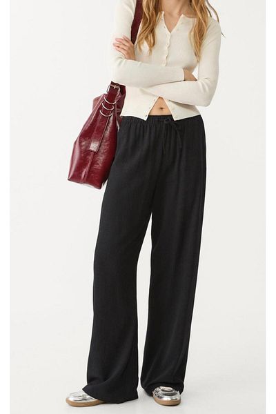polle Women's Black Linen Blended Loose Cut Trousers