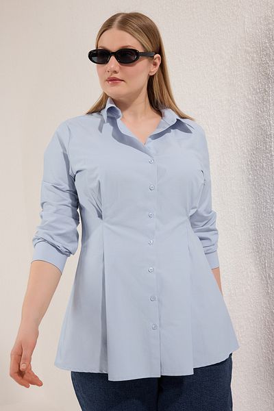 Trendyol Modest Large Size Blue Waist Pleated Cotton Woven Shirt Tctss25Tg00030
