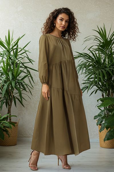 Trendyol Modest Λεπτομερές βαμβακερό υφασμένο φόρεμα Χακί Gather TCTSS21EL3470