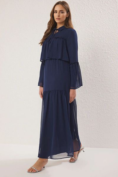 Trendyol Modest Šifonové tkané šaty s podšívkou v námořnické modré barvě TCTSS25EB00128