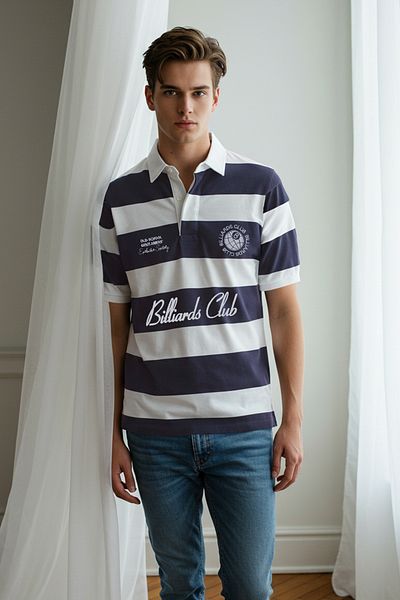 Trendyol Collection Navy Blue Oversize ρίγες με στάμπα κεντημένο πόλο 100% βαμβάκι TMNSS25PO00014